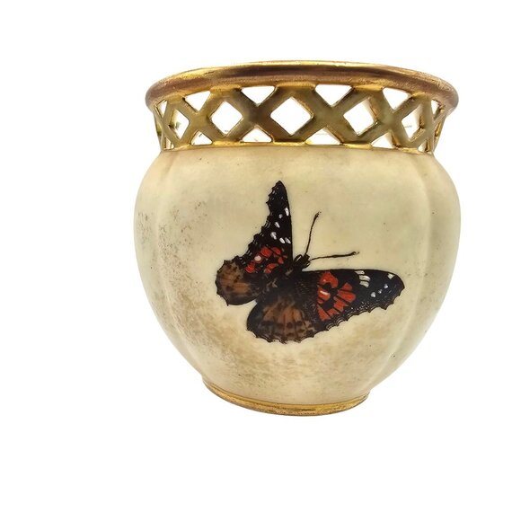 Antique 1893 Robert Hanke Porcelain Vase Lattice Rim Orchid Butterfly Design - Picture 7 of 16